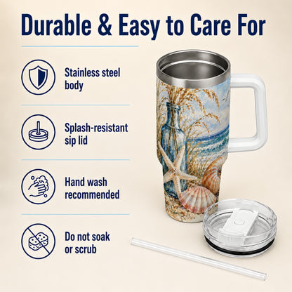 #pl[40oz|White] Watercolor Seashell 40oz Tumbler with Handle, Stainless Steel Travel Cup