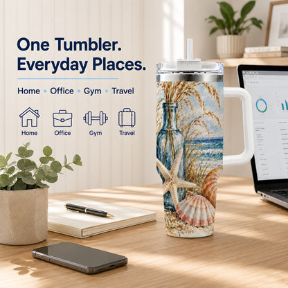 #pl[40oz|White] Watercolor Seashell 40oz Tumbler with Handle, Stainless Steel Travel Cup