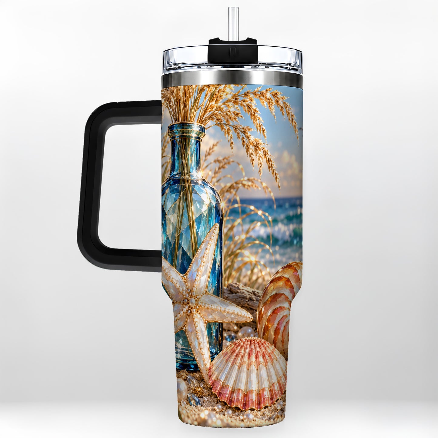 #pl[40oz|Black] Jeweled Seashell 40oz Tumbler with Handle, Stainless Steel Travel Cup
