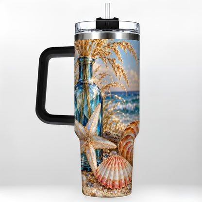 #pl[40oz|Black] Jeweled Seashell 40oz Tumbler with Handle, Stainless Steel Travel Cup