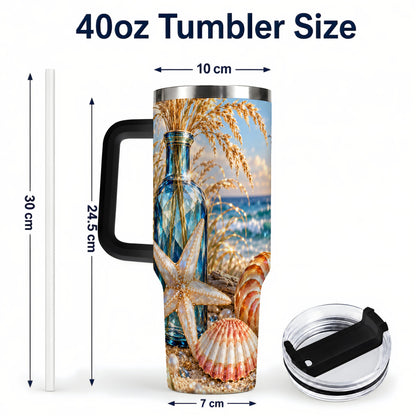 #pl[40oz|Black] Jeweled Seashell 40oz Tumbler with Handle, Stainless Steel Travel Cup