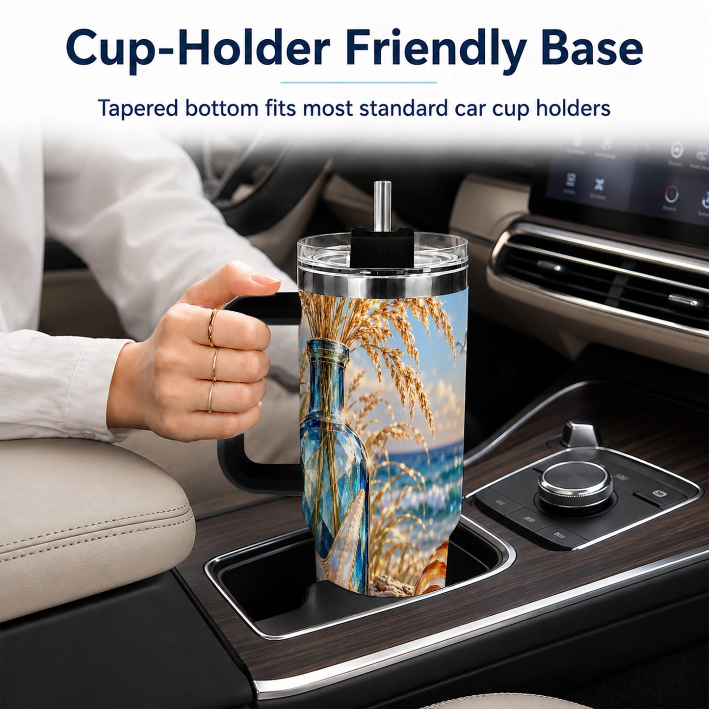 #pl[40oz|Black] Jeweled Seashell 40oz Tumbler with Handle, Stainless Steel Travel Cup