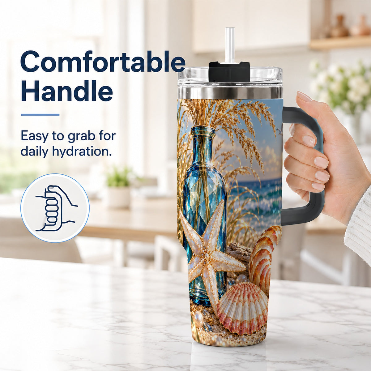 #pl[40oz|Black] Jeweled Seashell 40oz Tumbler with Handle, Stainless Steel Travel Cup