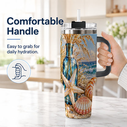 #pl[40oz|Black] Jeweled Seashell 40oz Tumbler with Handle, Stainless Steel Travel Cup