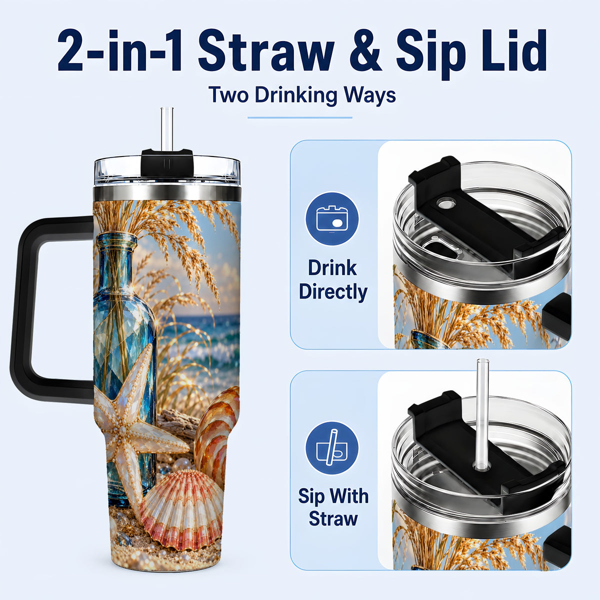 #pl[40oz|Black] Jeweled Seashell 40oz Tumbler with Handle, Stainless Steel Travel Cup