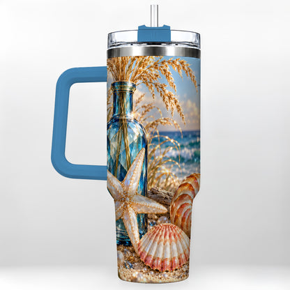 #pl[40oz|Blue] Jeweled Seashell 40oz Tumbler with Handle, Stainless Steel Travel Cup