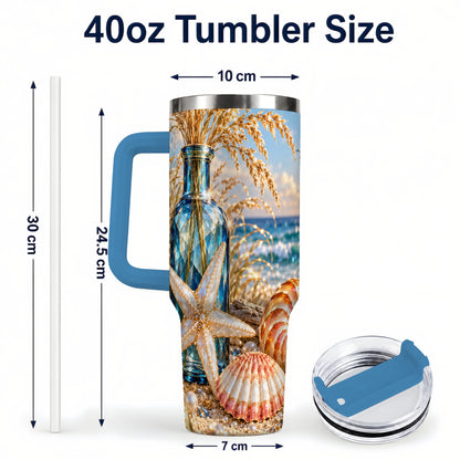 #pl[40oz|Blue] Jeweled Seashell 40oz Tumbler with Handle, Stainless Steel Travel Cup