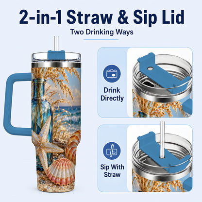 #pl[40oz|Blue] Jeweled Seashell 40oz Tumbler with Handle, Stainless Steel Travel Cup