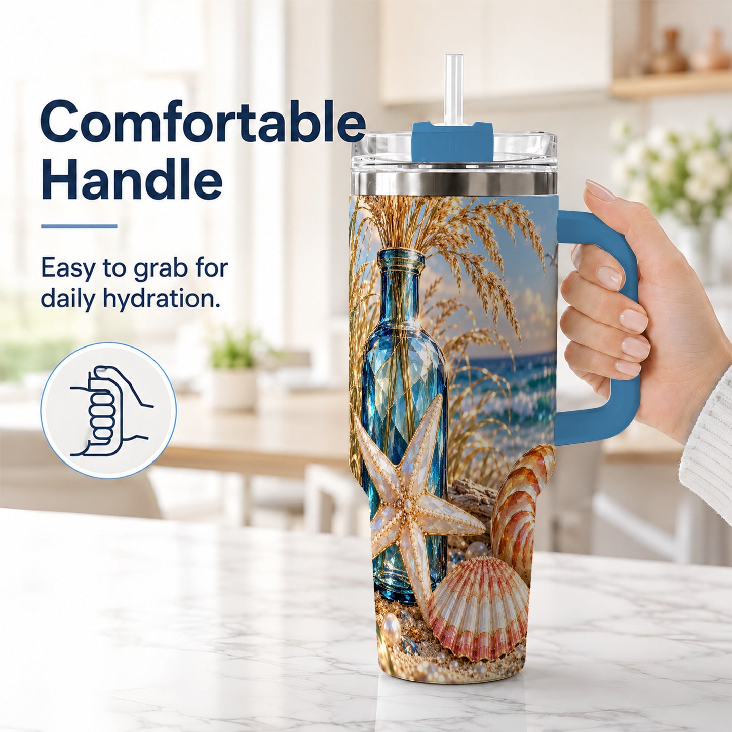 #pl[40oz|Blue] Jeweled Seashell 40oz Tumbler with Handle, Stainless Steel Travel Cup