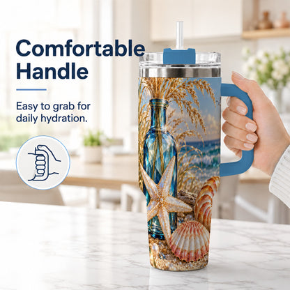 #pl[40oz|Blue] Jeweled Seashell 40oz Tumbler with Handle, Stainless Steel Travel Cup