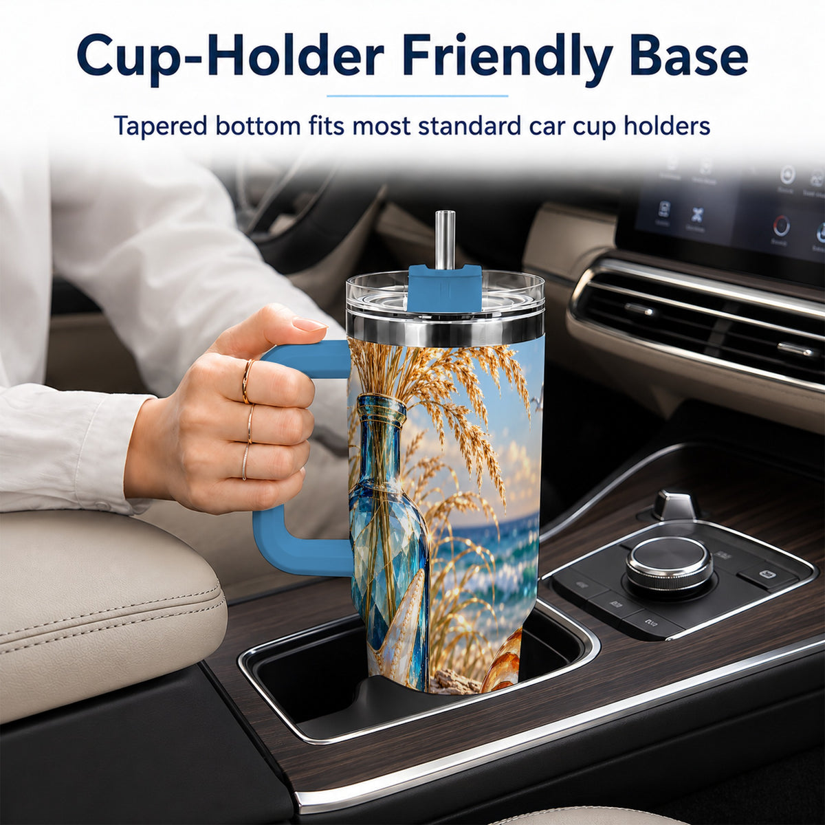 #pl[40oz|Blue] Jeweled Seashell 40oz Tumbler with Handle, Stainless Steel Travel Cup
