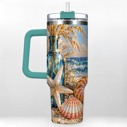 #pl[40oz|Green] Jeweled Seashell 40oz Tumbler with Handle, Stainless Steel Travel Cup