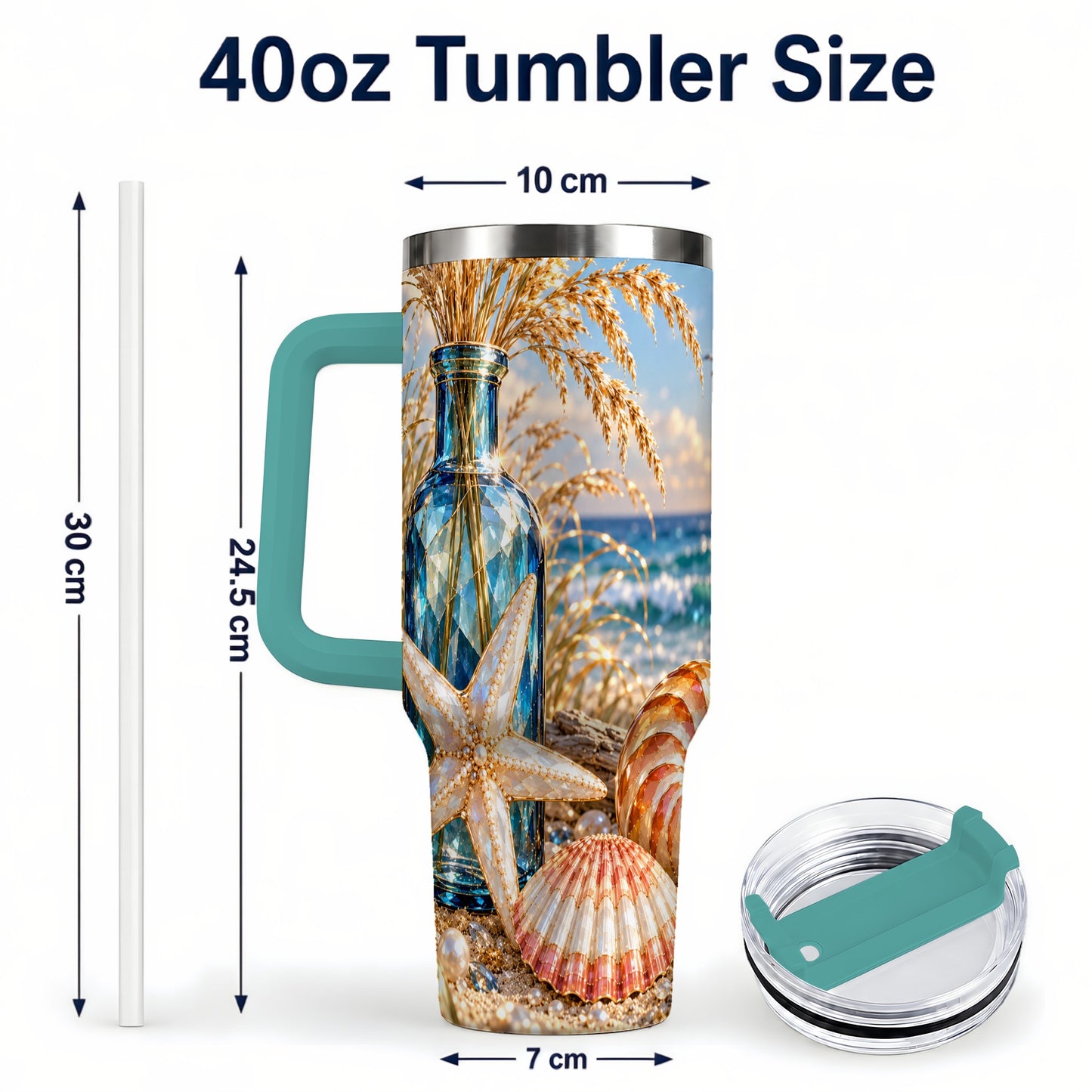 #pl[40oz|Green] Jeweled Seashell 40oz Tumbler with Handle, Stainless Steel Travel Cup