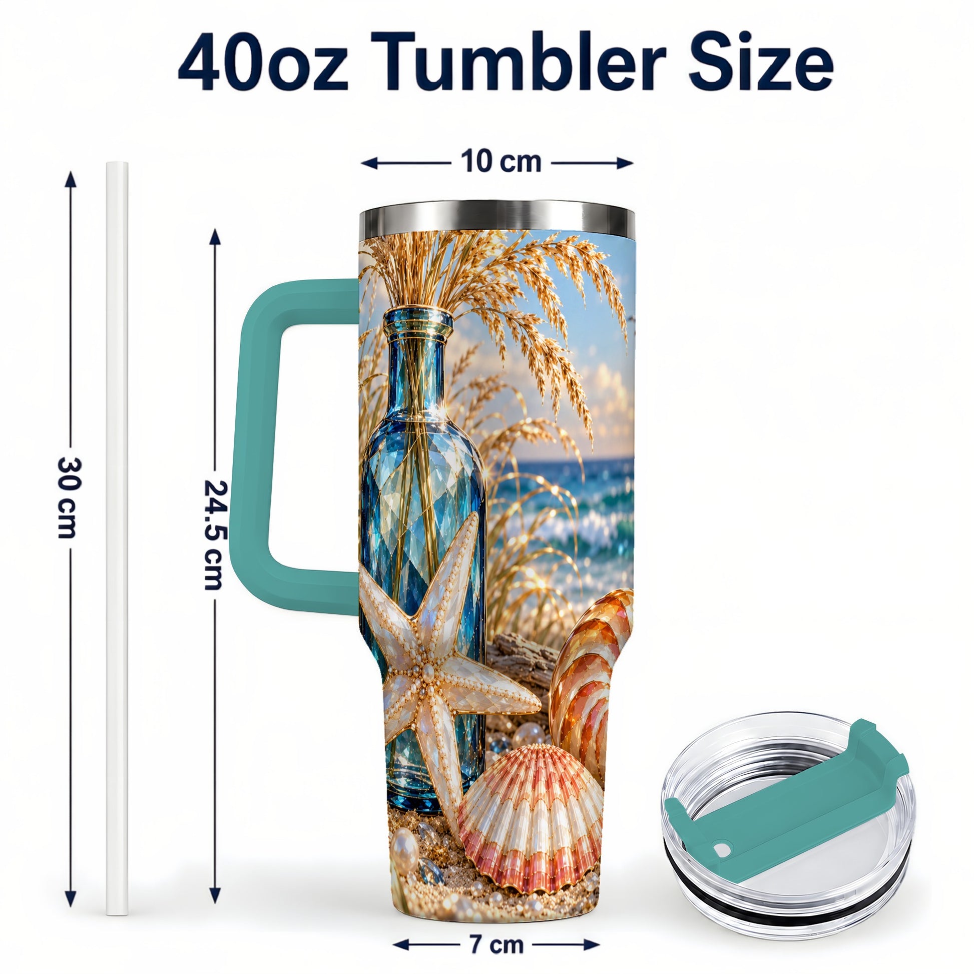 #pl[40oz|Green] Jeweled Seashell 40oz Tumbler with Handle, Stainless Steel Travel Cup