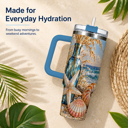 #pl[40oz|Blue] Jeweled Seashell 40oz Tumbler with Handle, Stainless Steel Travel Cup