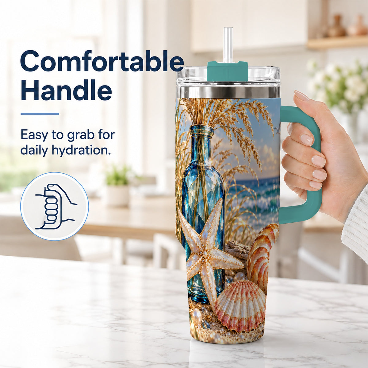#pl[40oz|Green] Jeweled Seashell 40oz Tumbler with Handle, Stainless Steel Travel Cup