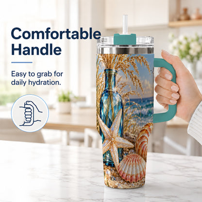 #pl[40oz|Green] Jeweled Seashell 40oz Tumbler with Handle, Stainless Steel Travel Cup