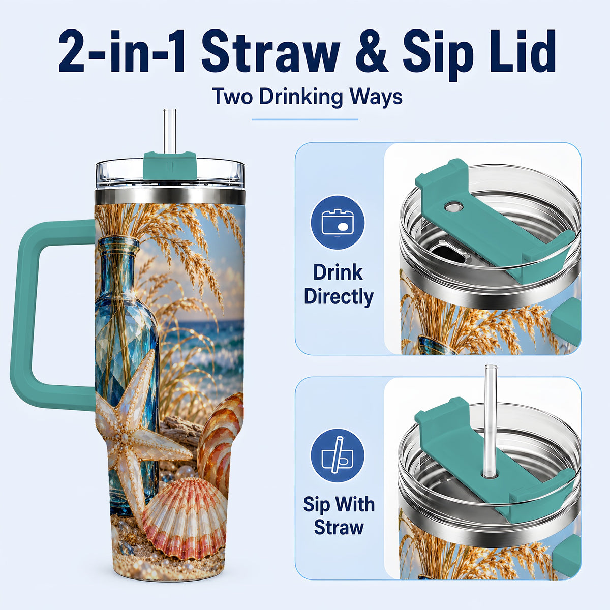 #pl[40oz|Green] Jeweled Seashell 40oz Tumbler with Handle, Stainless Steel Travel Cup