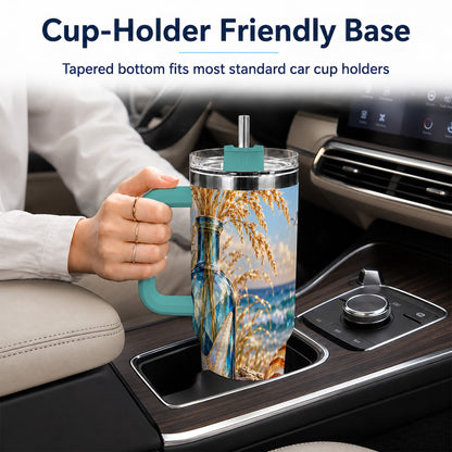 #pl[40oz|Green] Jeweled Seashell 40oz Tumbler with Handle, Stainless Steel Travel Cup