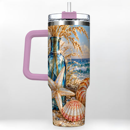 #pl[40oz|Pink] Jeweled Seashell 40oz Tumbler with Handle, Stainless Steel Travel Cup