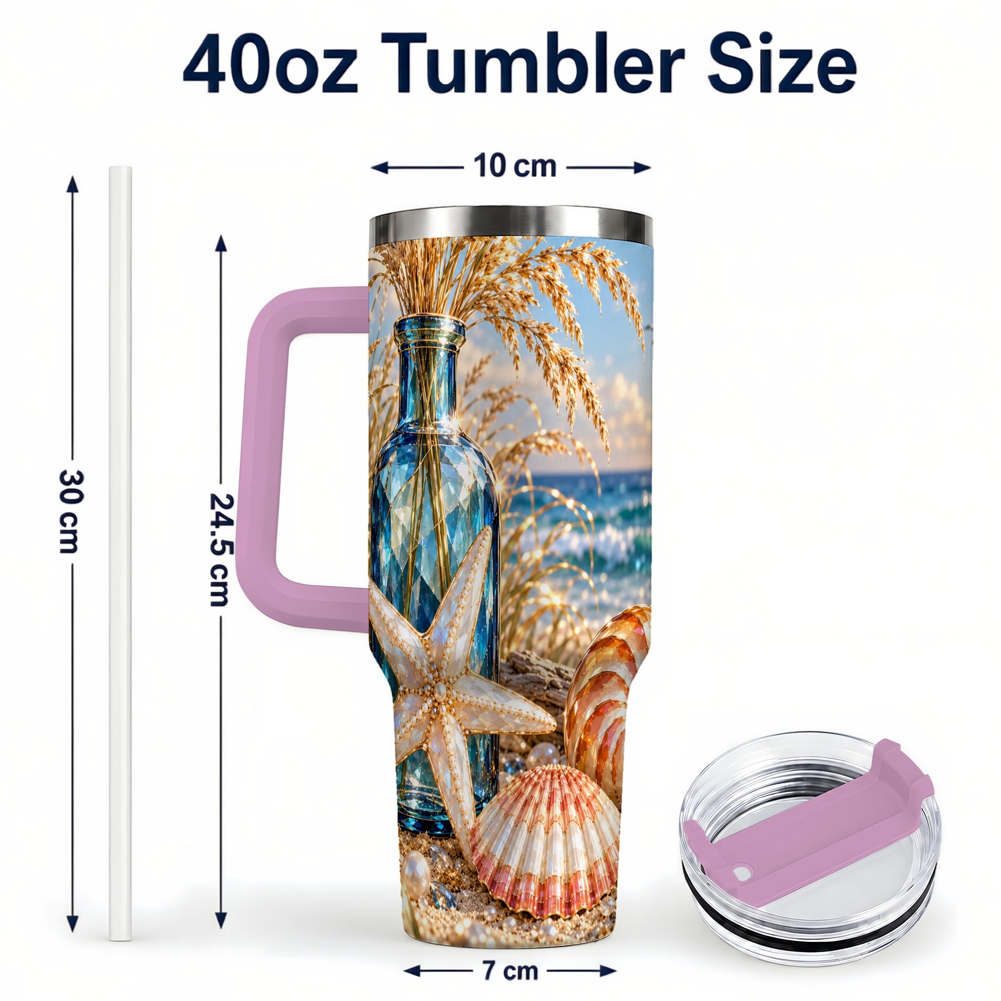 #pl[40oz|Pink] Jeweled Seashell 40oz Tumbler with Handle, Stainless Steel Travel Cup
