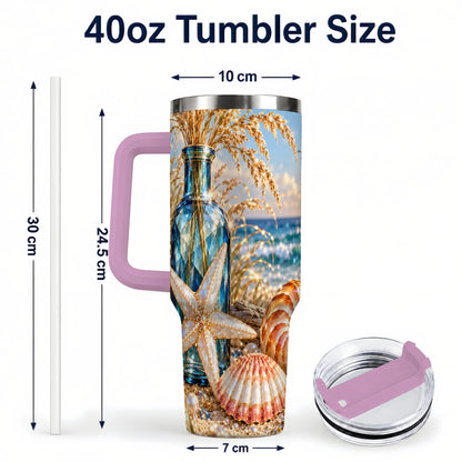 #pl[40oz|Pink] Jeweled Seashell 40oz Tumbler with Handle, Stainless Steel Travel Cup