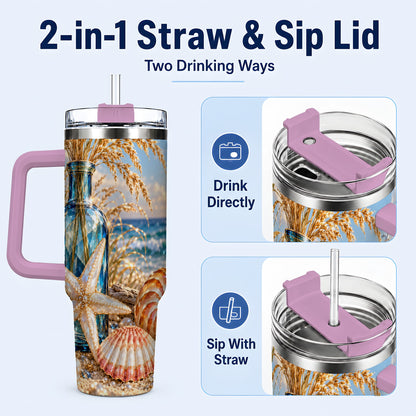 #pl[40oz|Pink] Jeweled Seashell 40oz Tumbler with Handle, Stainless Steel Travel Cup