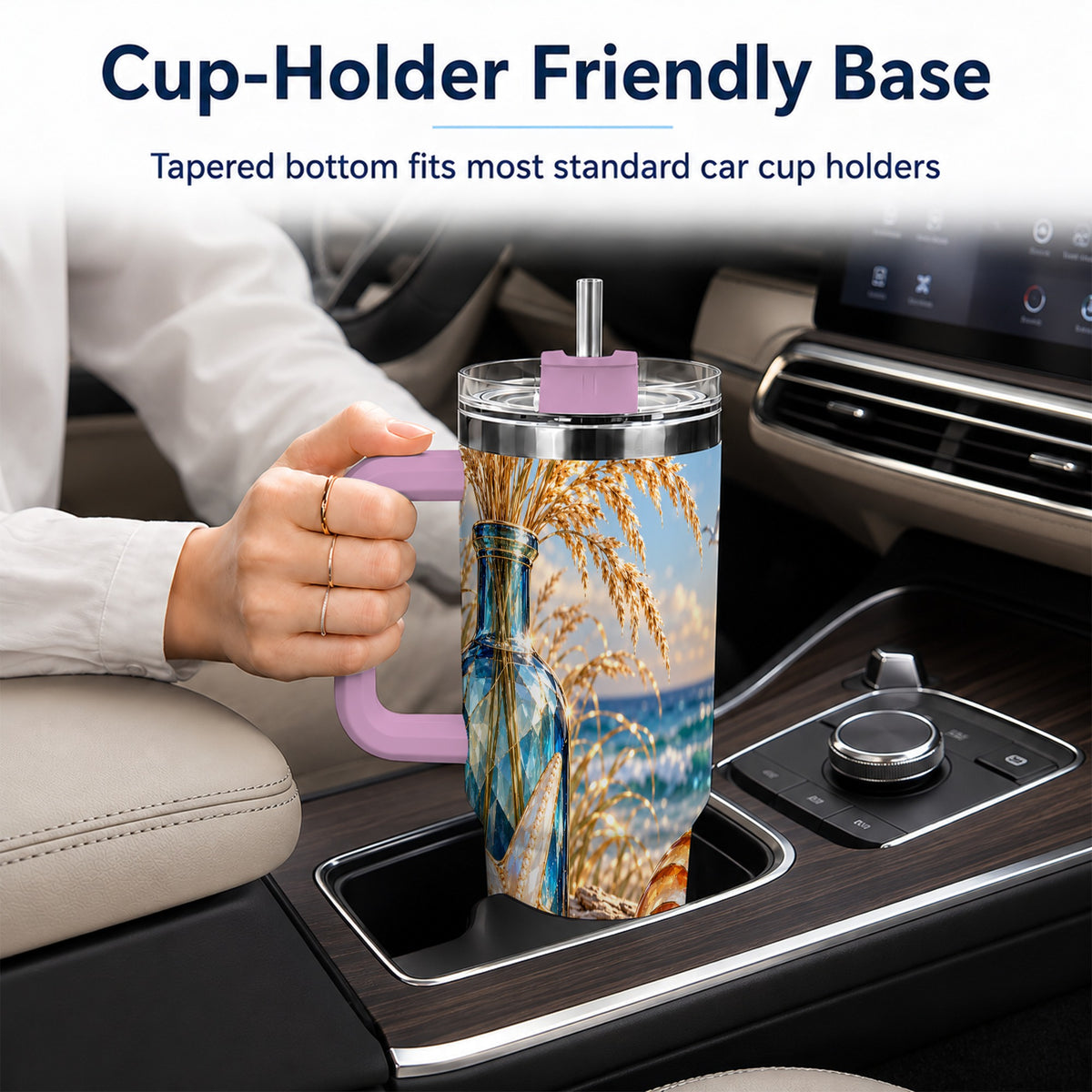 #pl[40oz|Pink] Jeweled Seashell 40oz Tumbler with Handle, Stainless Steel Travel Cup