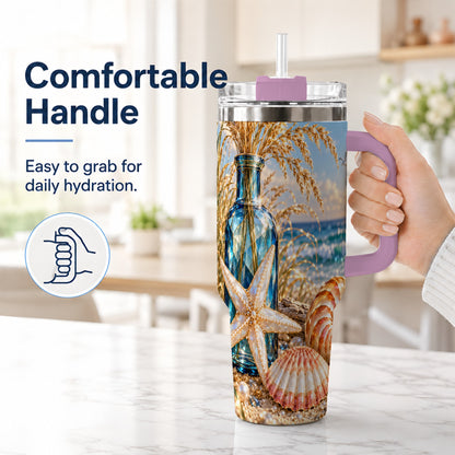 #pl[40oz|Pink] Jeweled Seashell 40oz Tumbler with Handle, Stainless Steel Travel Cup