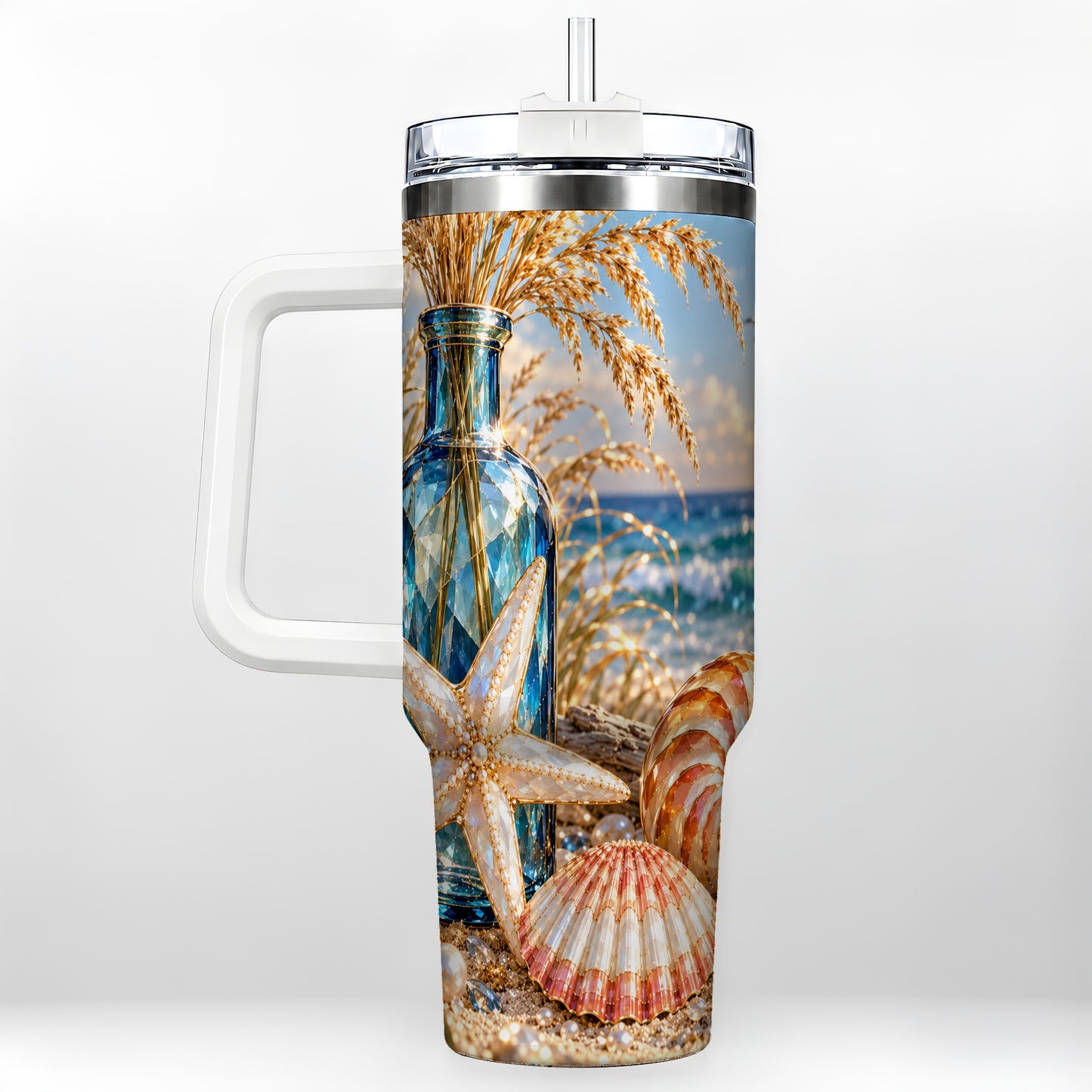 Jeweled Seashell 40oz Tumbler with Handle, Stainless Steel Travel Cup