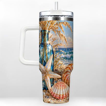 Jeweled Seashell 40oz Tumbler with Handle, Stainless Steel Travel Cup