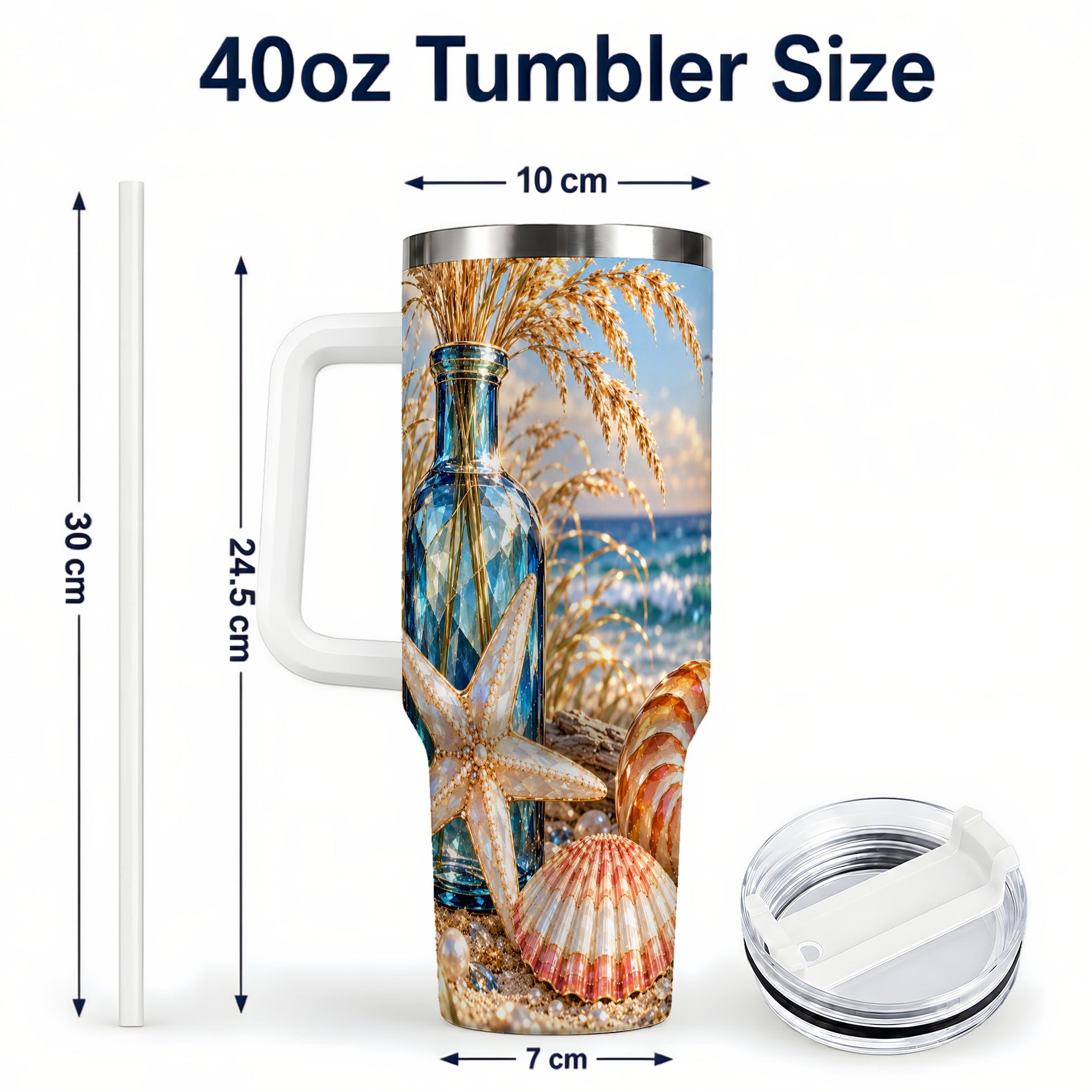#pl[40oz|White] Jeweled Seashell 40oz Tumbler with Handle, Stainless Steel Travel Cup