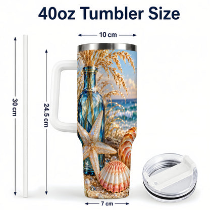 #pl[40oz|White] Jeweled Seashell 40oz Tumbler with Handle, Stainless Steel Travel Cup