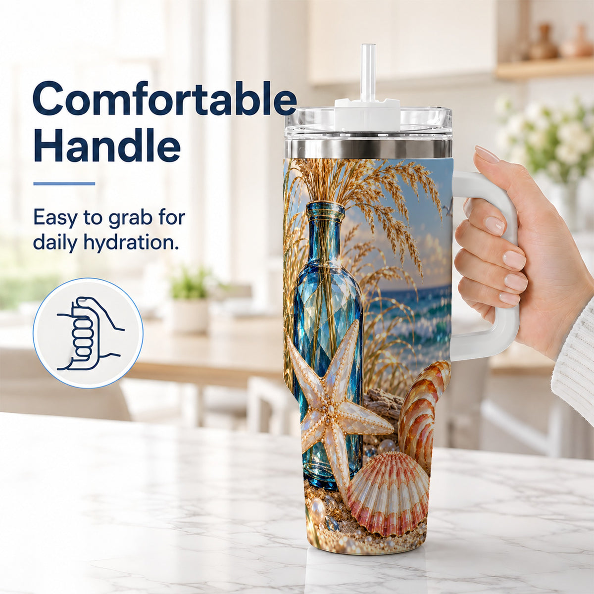 #pl[40oz|White] Jeweled Seashell 40oz Tumbler with Handle, Stainless Steel Travel Cup