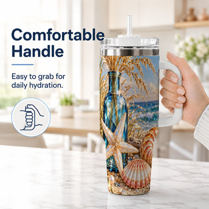 #pl[40oz|White] Jeweled Seashell 40oz Tumbler with Handle, Stainless Steel Travel Cup