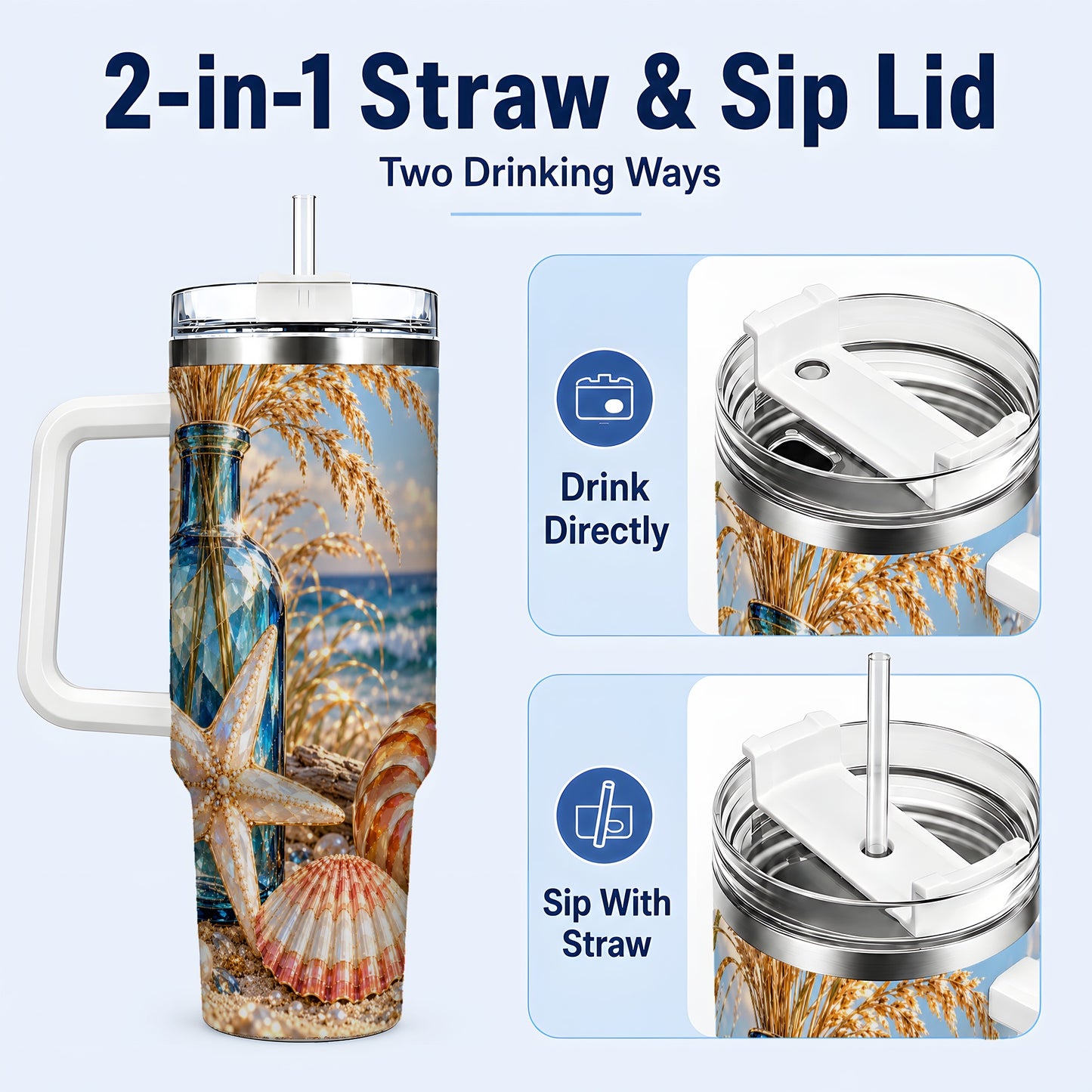 #pl[40oz|White] Jeweled Seashell 40oz Tumbler with Handle, Stainless Steel Travel Cup