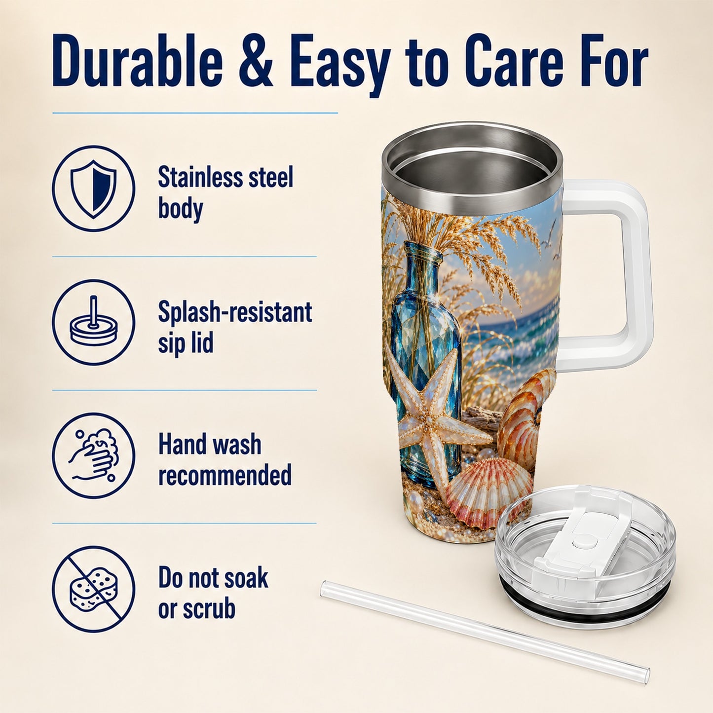 #pl[40oz|White] Jeweled Seashell 40oz Tumbler with Handle, Stainless Steel Travel Cup