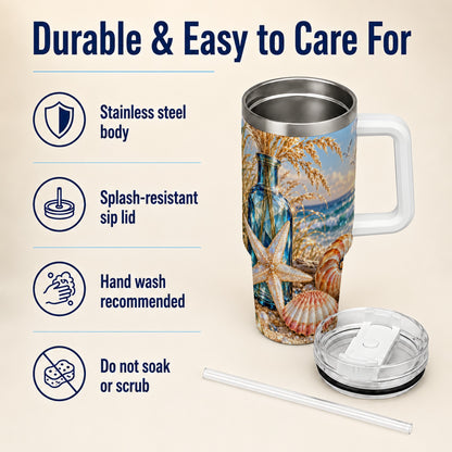 #pl[40oz|White] Jeweled Seashell 40oz Tumbler with Handle, Stainless Steel Travel Cup