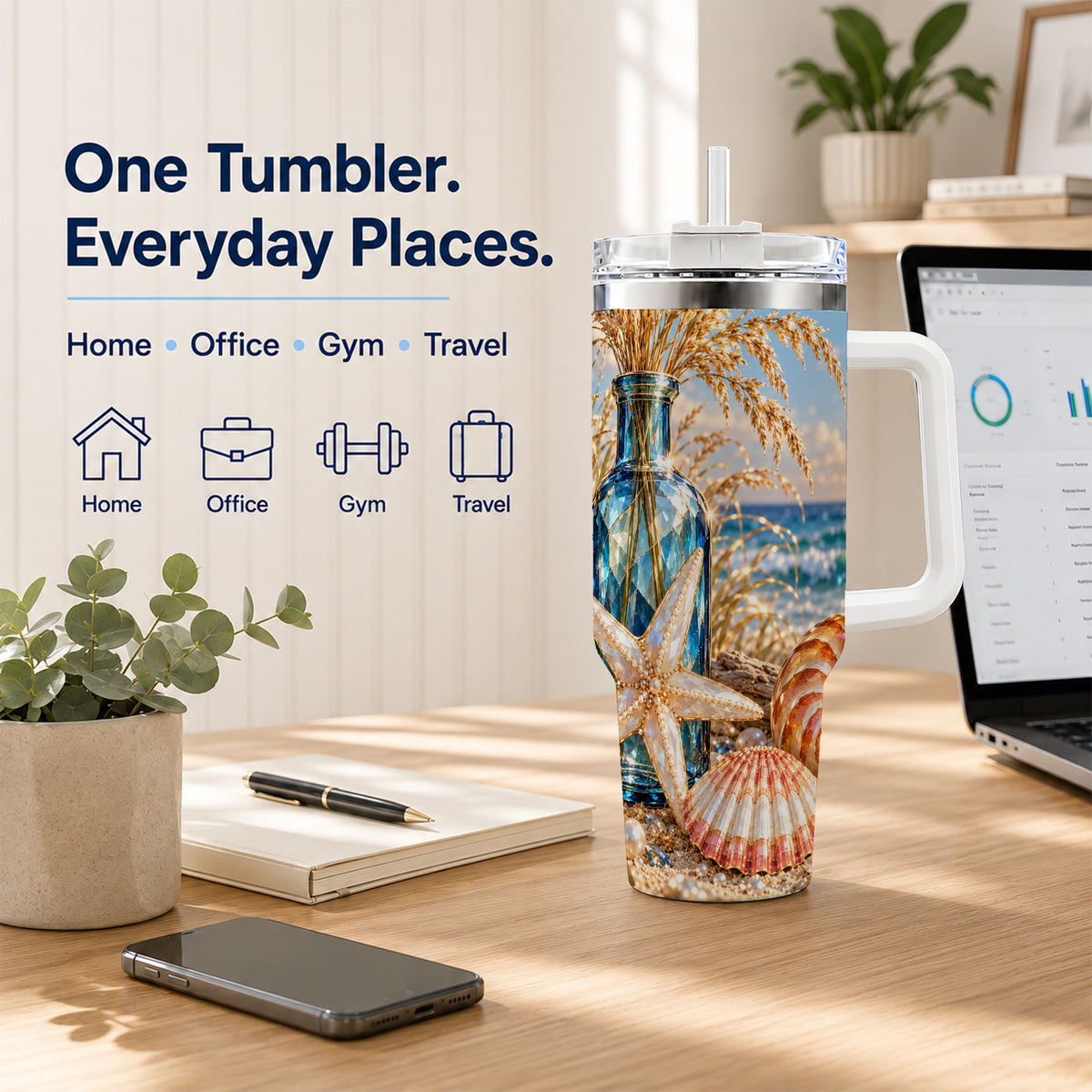 #pl[40oz|White] Jeweled Seashell 40oz Tumbler with Handle, Stainless Steel Travel Cup