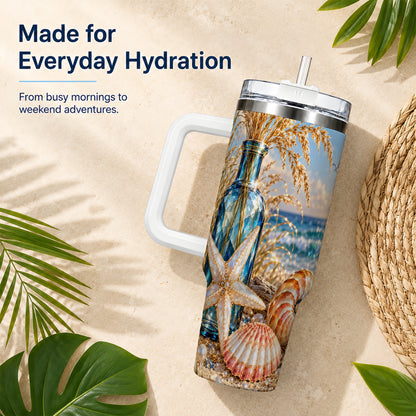 #pl[40oz|White] Jeweled Seashell 40oz Tumbler with Handle, Stainless Steel Travel Cup