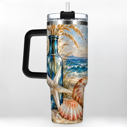 #pl[40oz|Black] Seashell Starfish 40oz Tumbler with Handle, Stainless Steel Travel Cup
