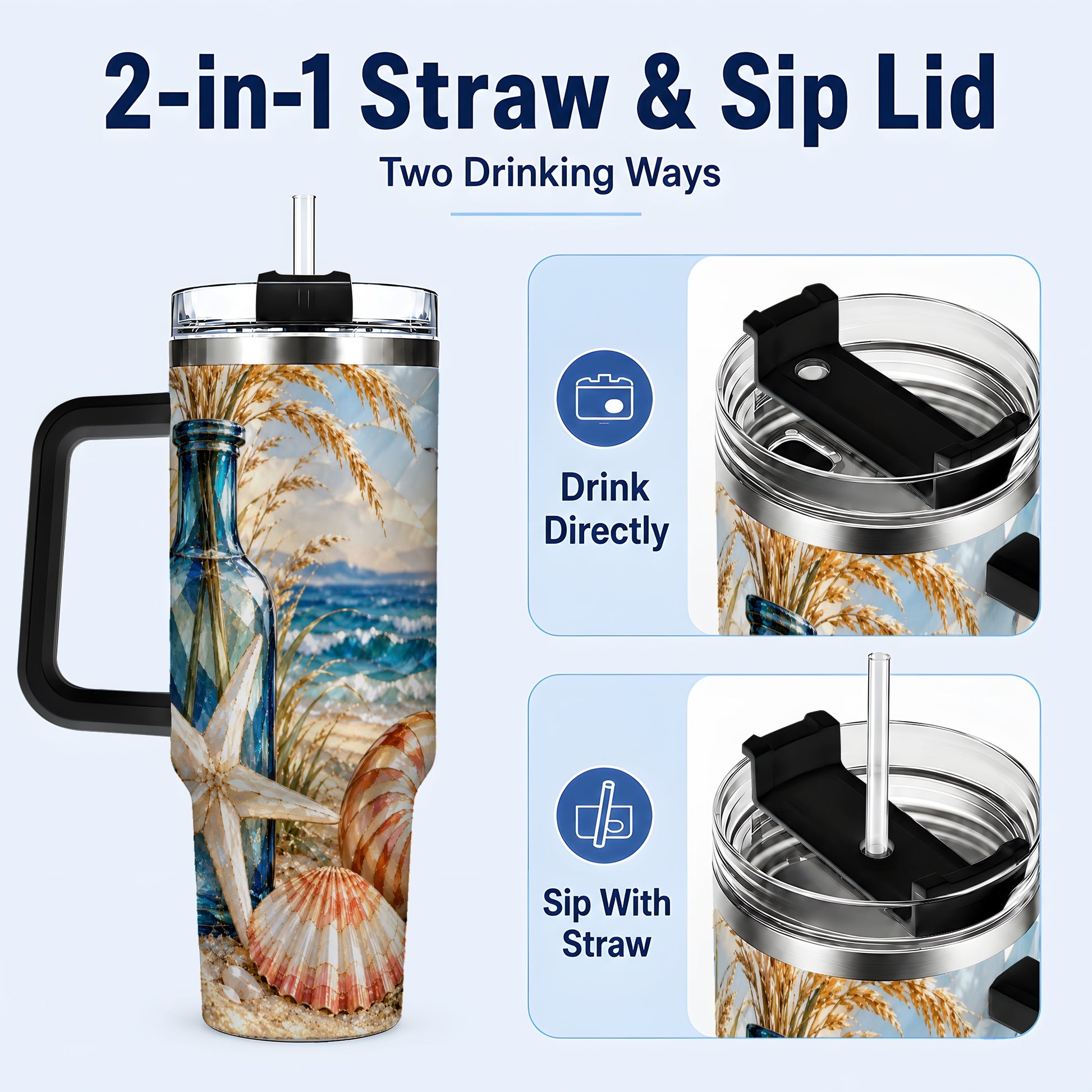 #pl[40oz|Black] Seashell Starfish 40oz Tumbler with Handle, Stainless Steel Travel Cup