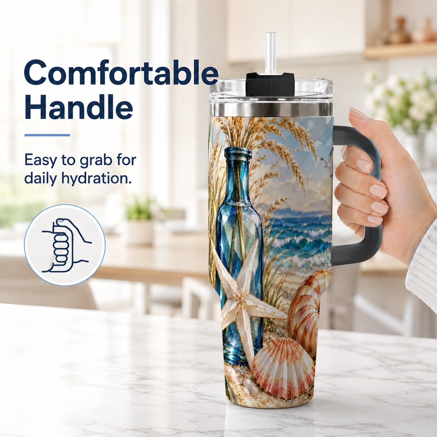 #pl[40oz|Black] Seashell Starfish 40oz Tumbler with Handle, Stainless Steel Travel Cup