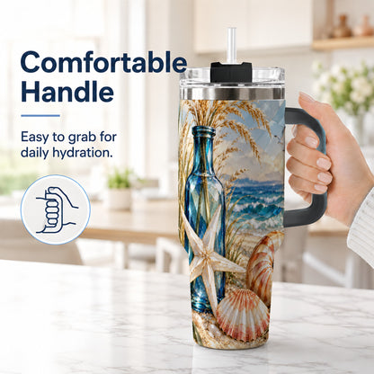 #pl[40oz|Black] Seashell Starfish 40oz Tumbler with Handle, Stainless Steel Travel Cup