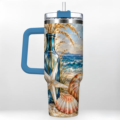 #pl[40oz|Blue] Seashell Starfish 40oz Tumbler with Handle, Stainless Steel Travel Cup
