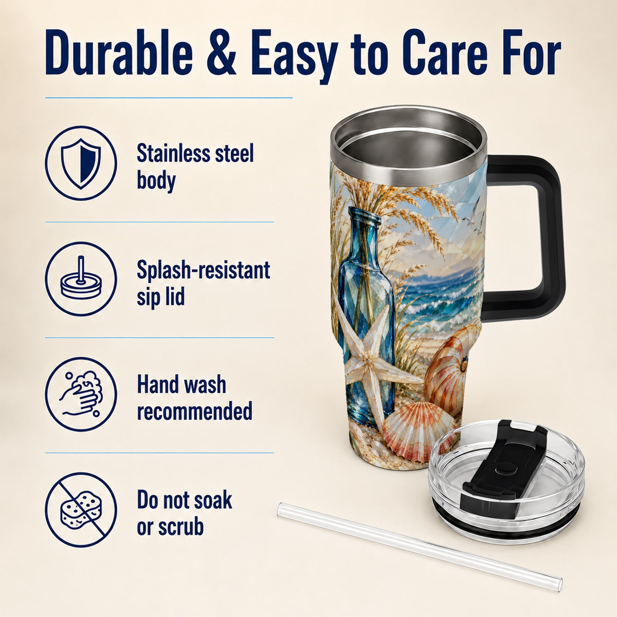 #pl[40oz|Black] Seashell Starfish 40oz Tumbler with Handle, Stainless Steel Travel Cup