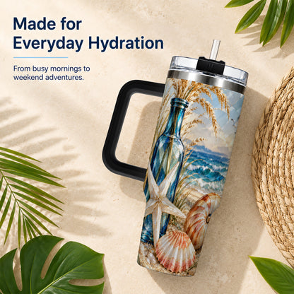 #pl[40oz|Black] Seashell Starfish 40oz Tumbler with Handle, Stainless Steel Travel Cup