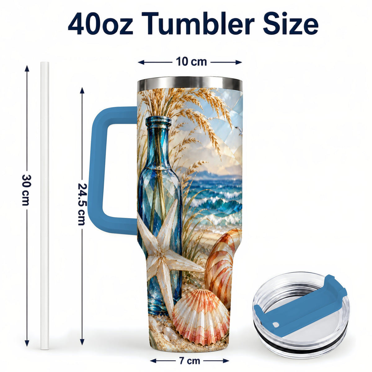 #pl[40oz|Blue] Seashell Starfish 40oz Tumbler with Handle, Stainless Steel Travel Cup