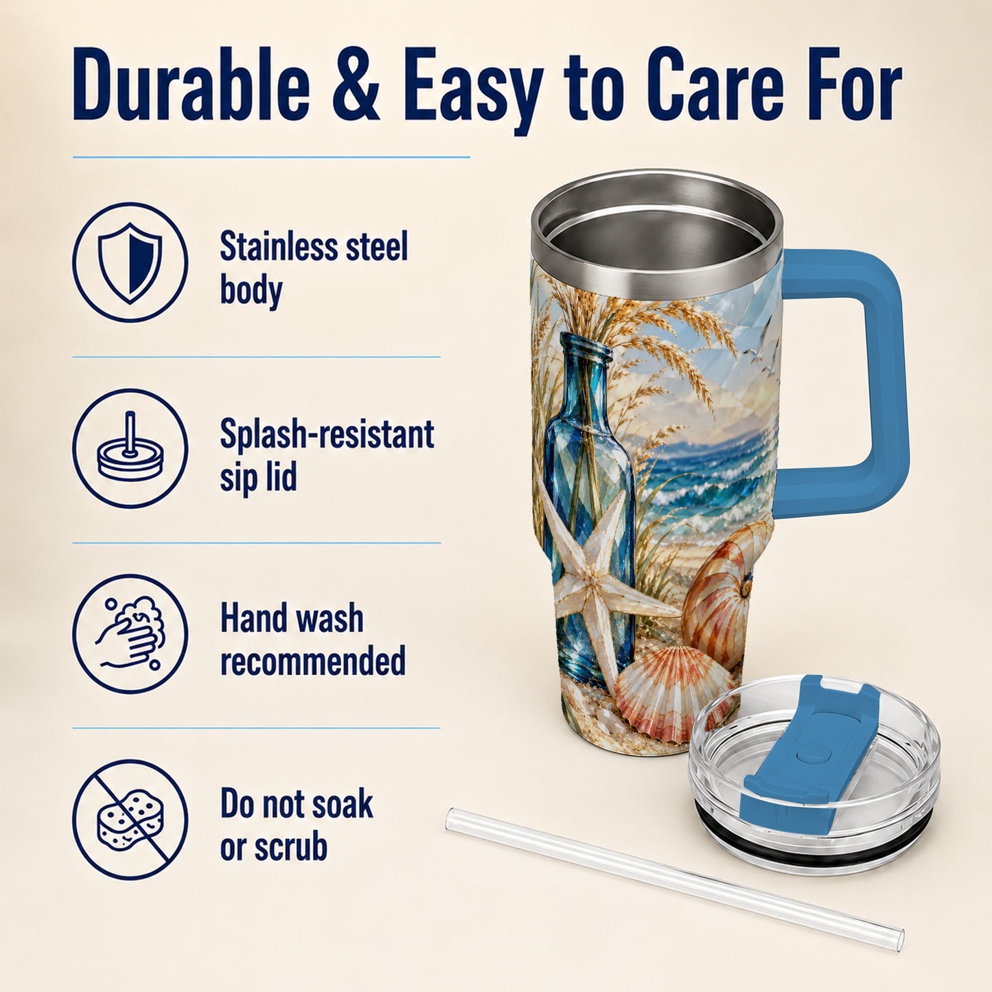 #pl[40oz|Blue] Seashell Starfish 40oz Tumbler with Handle, Stainless Steel Travel Cup