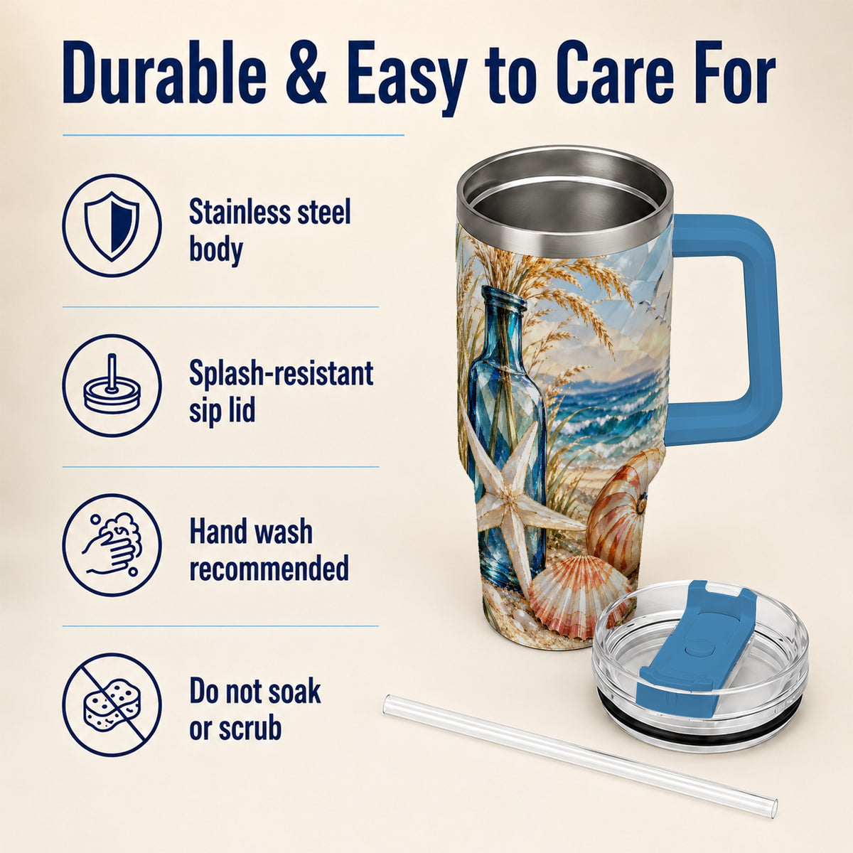 #pl[40oz|Blue] Seashell Starfish 40oz Tumbler with Handle, Stainless Steel Travel Cup